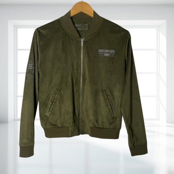 Hard Rock Cafe Tampa Olive Green Velvet-Feel Bomber Jacket Full Zip Medium Soft - Picture 2 of 13